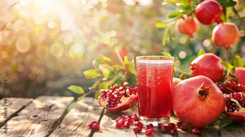 Refreshing pomegranate juice with fresh fruits on a wooden table, surrounded by a pomegranate plant for a vibrant touch. Refreshing pomegranate juice with fresh fruits on a wooden table, surrounded by a pomegranate plant for a vibrant touch.