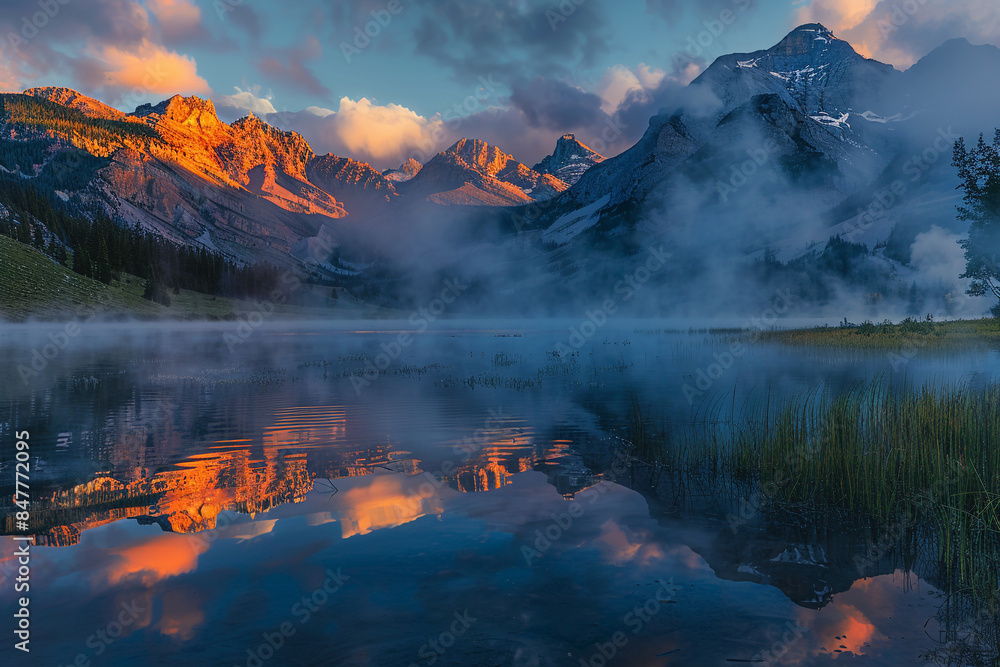 Fototapeta premium A tranquil mountain lake at sunrise, with mist rising from the water, and the first light of day illuminating the peaks