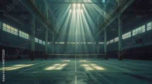 Empty Indoor Tennis Court With Spotlights in the Evening