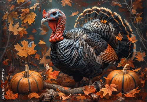 Wild Turkey Standing Among Autumn Leaves and Pumpkins