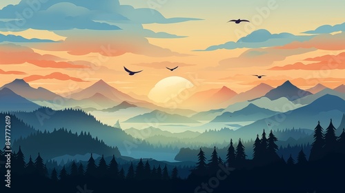 Captivating Mountain Sunset with Birds Soaring Over a Tranquil Forest