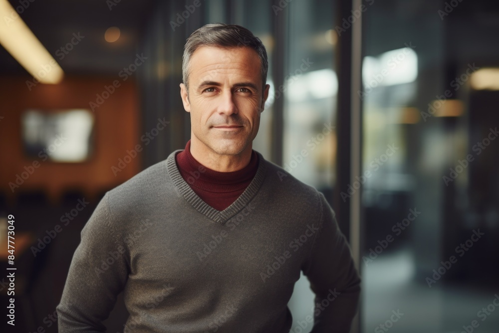 Portrait of a blissful man in his 40s wearing a cozy sweater in front of sophisticated corporate office background Portrait of a blissful man in his 40s wearing a cozy sweater in front of sophisticated corporate office background