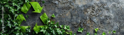 Ecothemed design with ivy leaves forming a recycling symbol, set against a rough gray surface, emphasizing nature and conservation photo