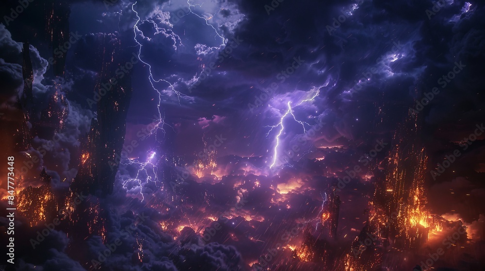 Thunderstorms with lightning bolts that strike the ground or release electricity, creating a backdrop of stormy weather. Lightning from the sky or magic power strikes and hits the ground.