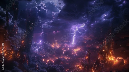 Obraz na płótnie Thunderstorms with lightning bolts that strike the ground or release electricity, creating a backdrop of stormy weather. Lightning from the sky or magic power strikes and hits the ground. w salonie