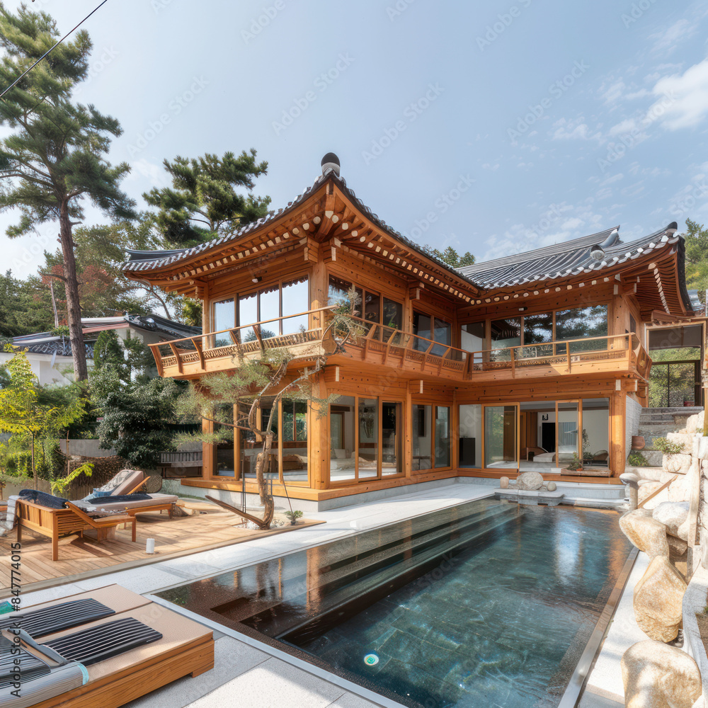 Fototapeta premium tiny two floor timber frame house with single front doors and terrace with korean theme design with pool