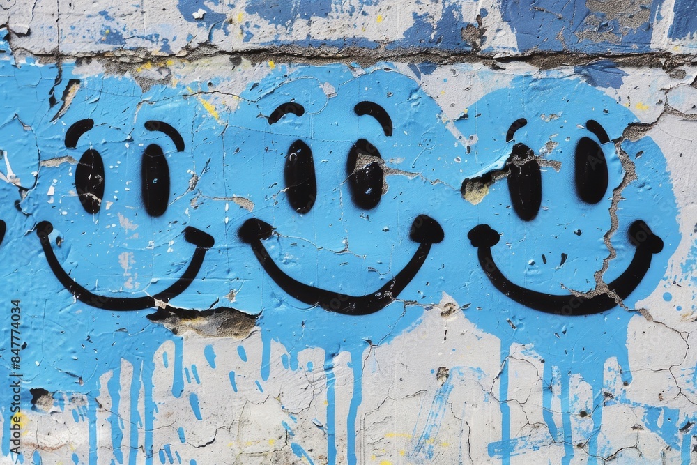 Naklejka premium Three blue smiling faces on white textured wall with graffiti stencil art