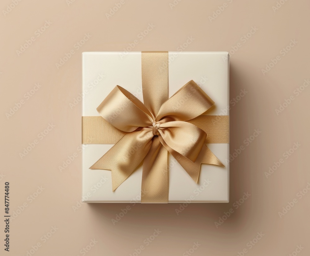 Elegant gift box with golden ribbon on neutral background, perfect for celebrations and special occasions Elegant gift box with golden ribbon on neutral background, perfect for celebrations and special occasions