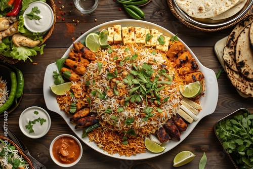 An overhead shot of a beautifully arranged table featuring a large platter of vegetable biryani, garnished with fresh herbs. Accompanying dishes include a rich butter chicken, grilled paneer.