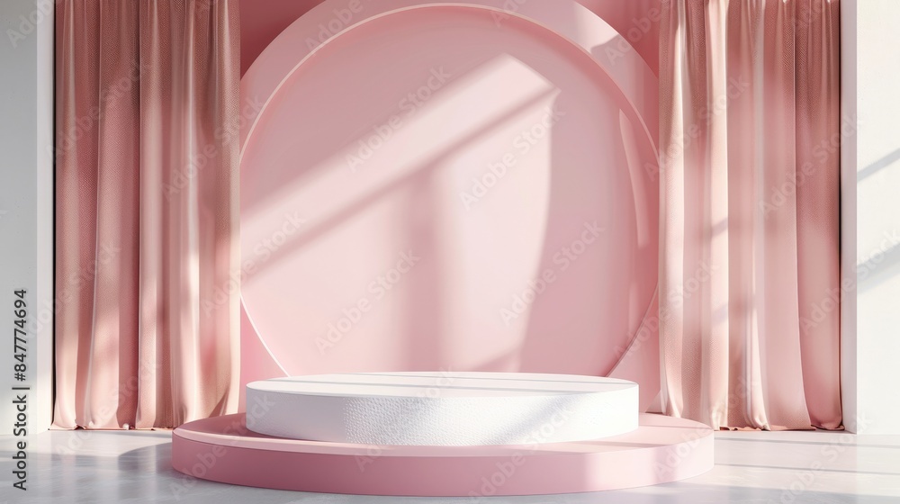 Minimalist Pink Product Display Podium with Curtains. Minimalist Pink Product Display Podium with Curtains.