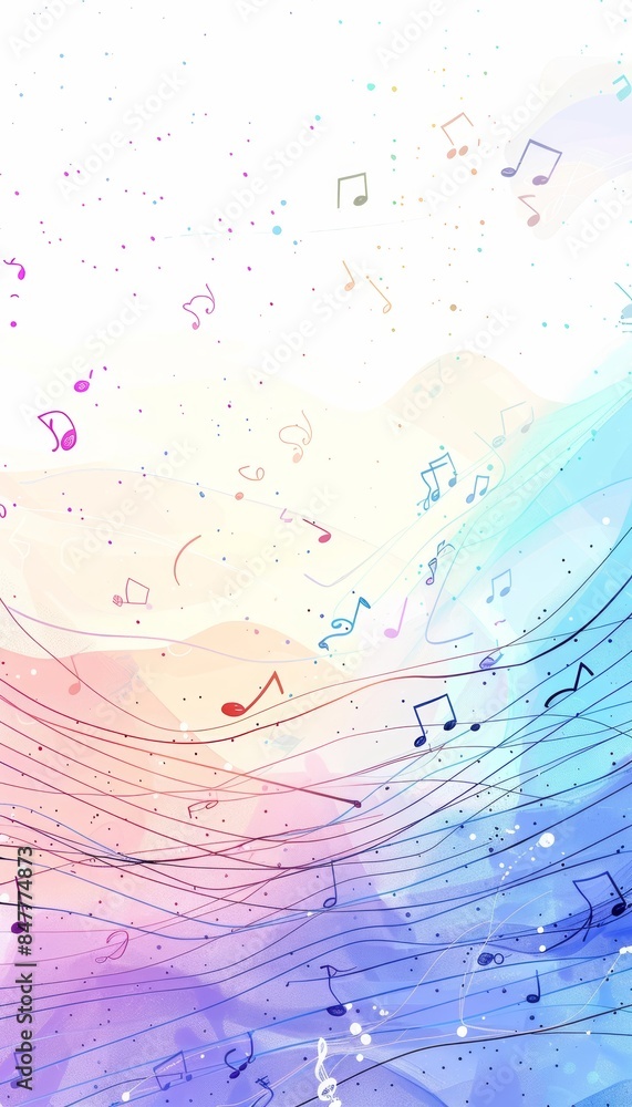 Colorful abstract background with flowing musical notes and vibrant watercolor splashes Colorful abstract background with flowing musical notes and vibrant watercolor splashes