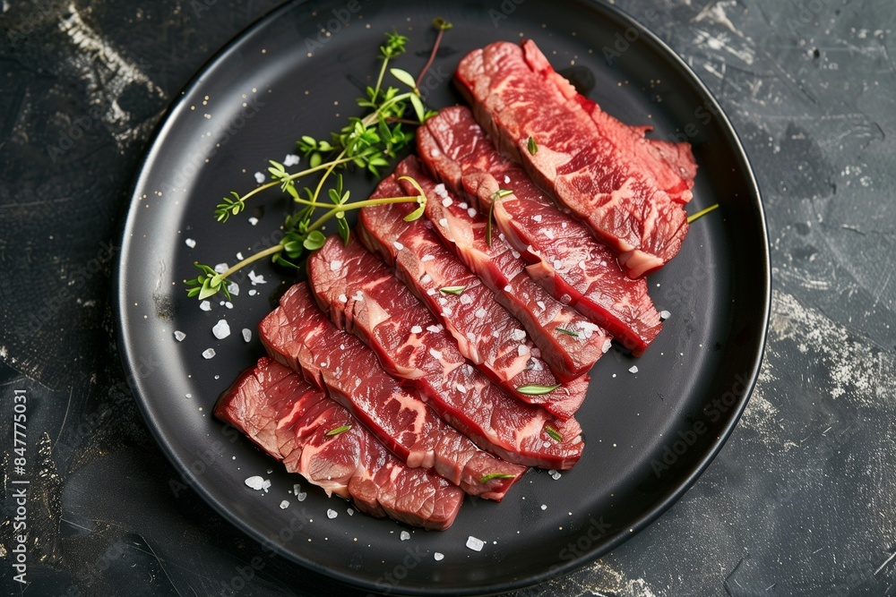 An overhead view of sliced beef steak on a matte black plate, showing the beautifully marbled meat, the perfectly cooked, tender slices arranged elegantly, and garnished with a touch of sea salt. An overhead view of sliced beef steak on a matte black plate, showing the beautifully marbled meat, the perfectly cooked, tender slices arranged elegantly, and garnished with a touch of sea salt.
