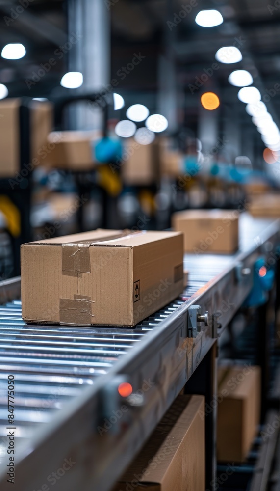 Cardboard boxes on conveyor belt in warehouse, focus on foreground, blurred background with shelves Cardboard boxes on conveyor belt in warehouse, focus on foreground, blurred background with shelves