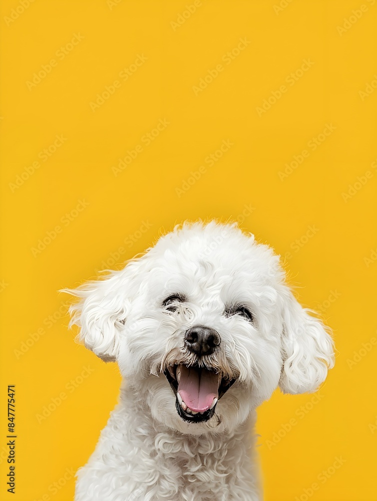 Portrait of cute joyful Bichon Frise , pet dog animal banner with copy space Portrait of cute joyful Bichon Frise , pet dog animal banner with copy space