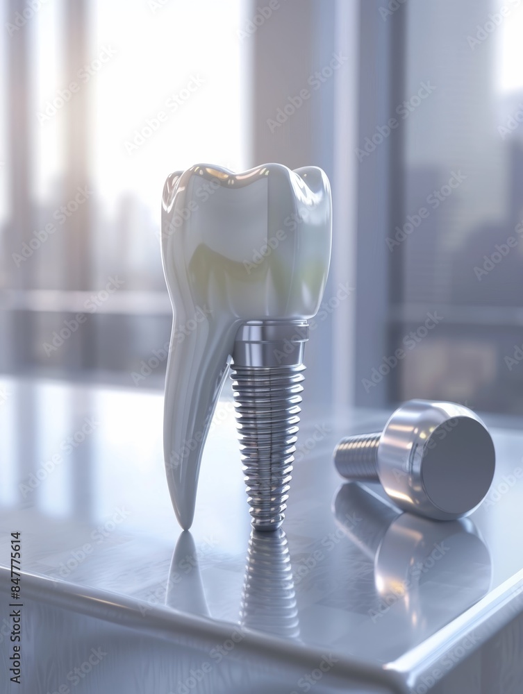 3D rendering of a dental implant with separated components on a reflective surface 3D rendering of a dental implant with separated components on a reflective surface