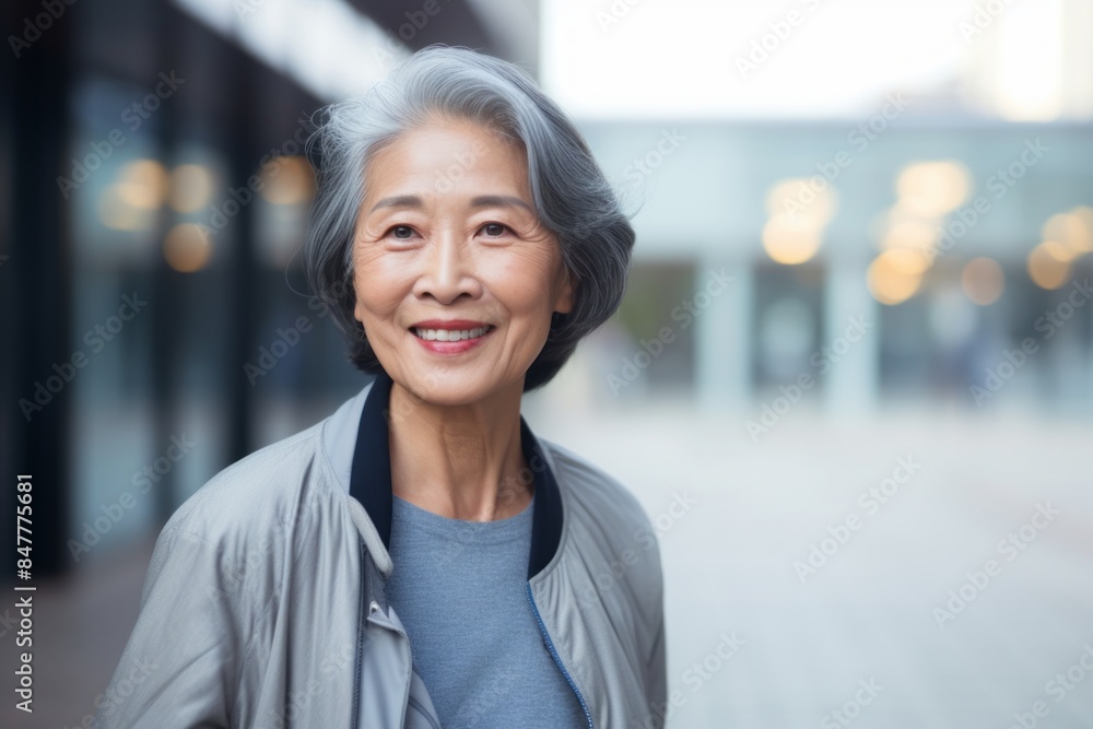 Portrait of a smiling asian woman in her 70s sporting a stylish varsity jacket on sophisticated corporate office background