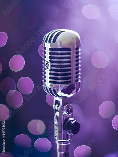 Podcast concept, microphone on purple blurry background