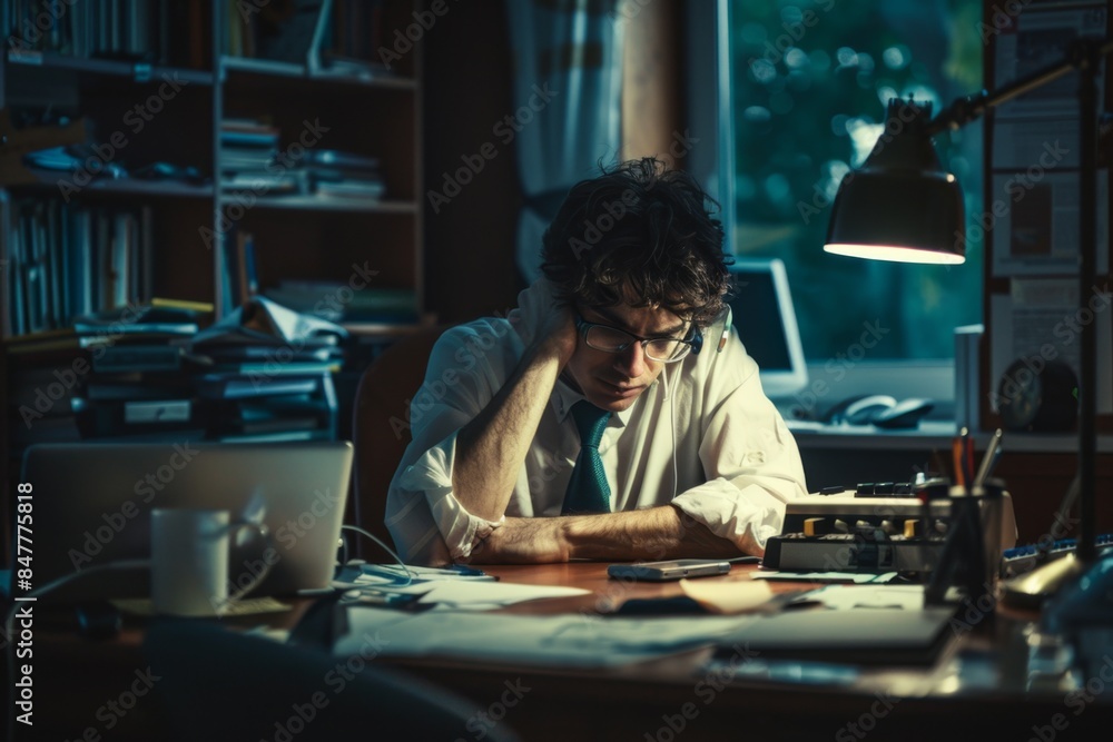 Sad office worker, tired manager, sad person, having bad day, overworked burnout, a lot of paperwork Sad office worker, tired manager, sad person, having bad day, overworked burnout, a lot of paperwork