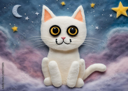 Felt art of a white cat with a night sky.