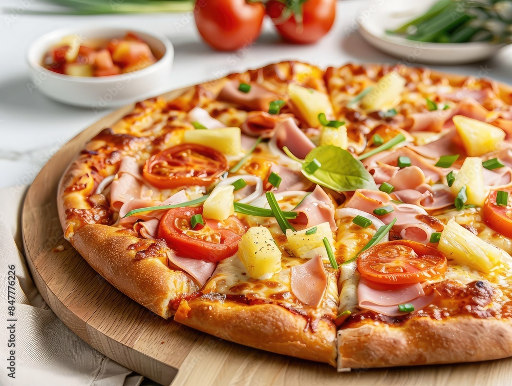 Delicious pizza with toppings, Closeup of gourmet pizza, Freshly baked savory pizza, Tasty pizza with tomatoes and pineapples