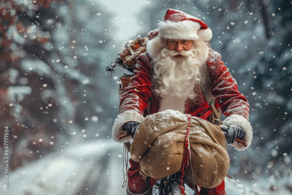 Majestic Santa Claus set against a snowy backdrop, carrying presents on a motorcycle for Christmas Majestic Santa Claus set against a snowy backdrop, carrying presents on a motorcycle for Christmas