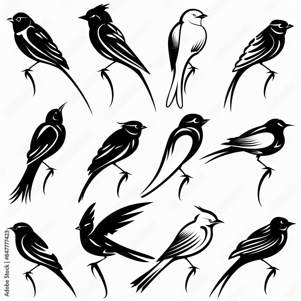Bird icon set, black and white silhouettes, sparrow symbols, bird sign collection, graffiti spray Bird icon set, black and white silhouettes, sparrow symbols, bird sign collection, graffiti spray