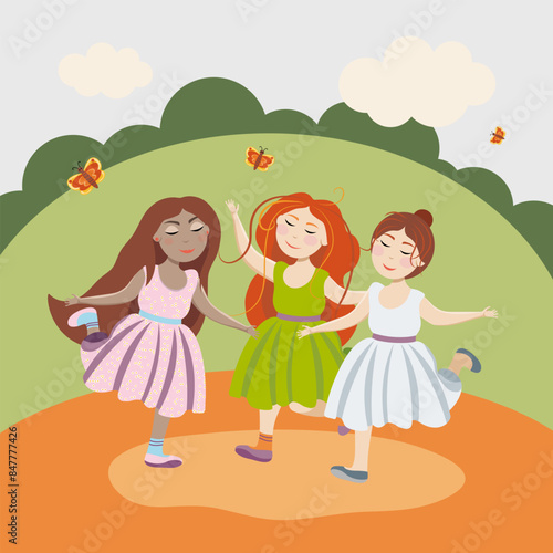Three girls in dresses are spinning in a dance, closing their eyes