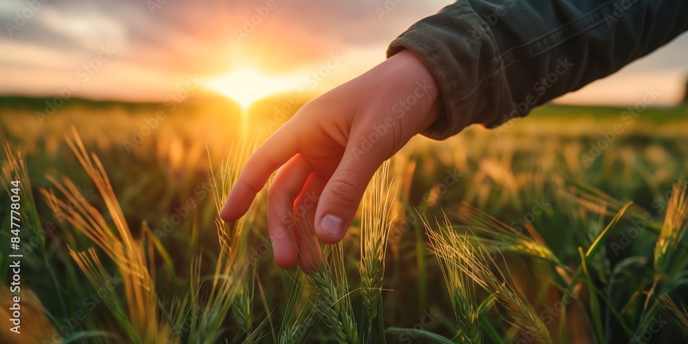 Fototapeta premium Field of wheat with a hand touching the grain, symbolizing agriculture and nature.