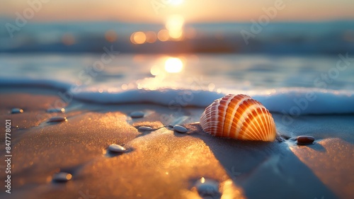 Breathtaking landscape photography unveils a tranquil beachscape where a lone shell is illuminated by the warm  photo