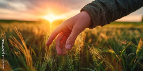 Field of wheat with a hand touching the grain, symbolizing agriculture and nature.
