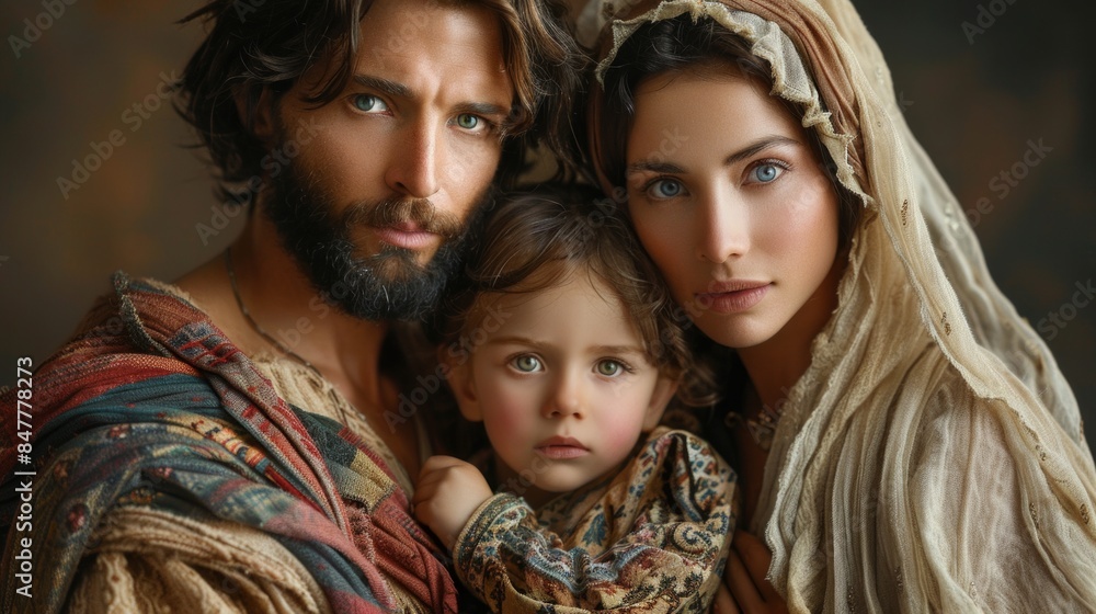 Fototapeta premium Generative representation of The Holy Family, capturing the holiness and warmth of Jesus, Mary, and Joseph, set against a soft, heavenly background with AI Generative.