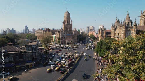 Chhatrapati Shivaji Terminus formerly Victoria Terminus in Mumbai, India, Aerial View. UNESCO World Heritage Site and historic railway station which serves as the headquarters of the Central Railway