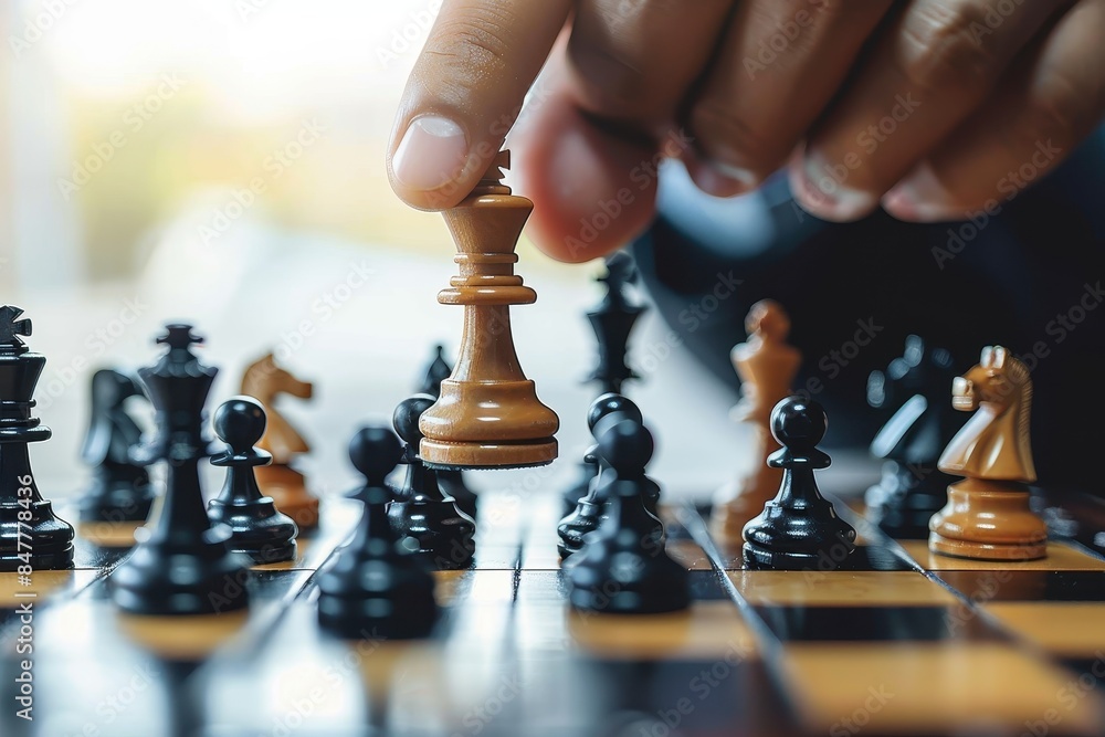 Candid shot of a person's hand picking up a white rook in chess, indicating tactics and leadership strategy Candid shot of a person's hand picking up a white rook in chess, indicating tactics and leadership strategy
