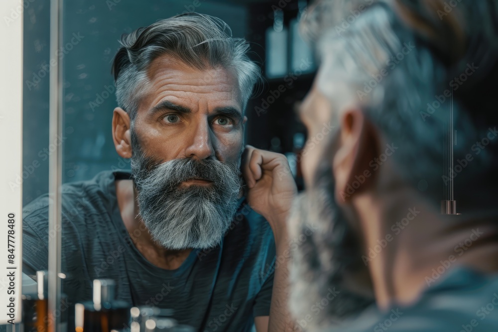 Gray haired mans morning skincare routine in bathroom mirror. Gray haired mans morning skincare routine in bathroom mirror.