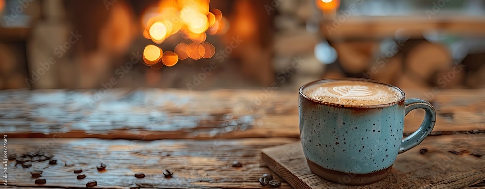 Close-up of a coffee cup in a cabin, blurred fireplace and rustic interior background Close-up of a coffee cup in a cabin, blurred fireplace and rustic interior background