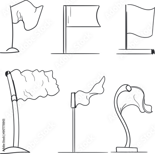 Set of icons or cartoon stickers in the form of flags. Some of them are dented or swayed by the wind.