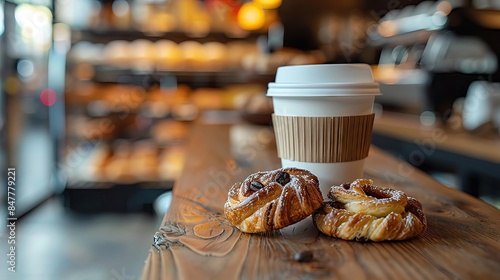 Close-up of a coffee cup with a pastry, blurred cozy bakery background