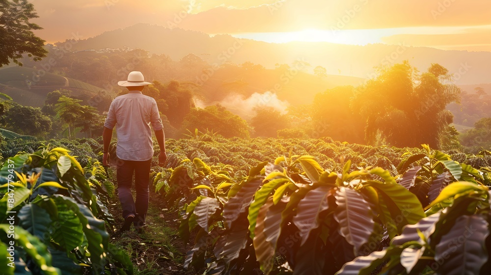 Fototapeta premium man with hat walking through a coffee field at sunrise