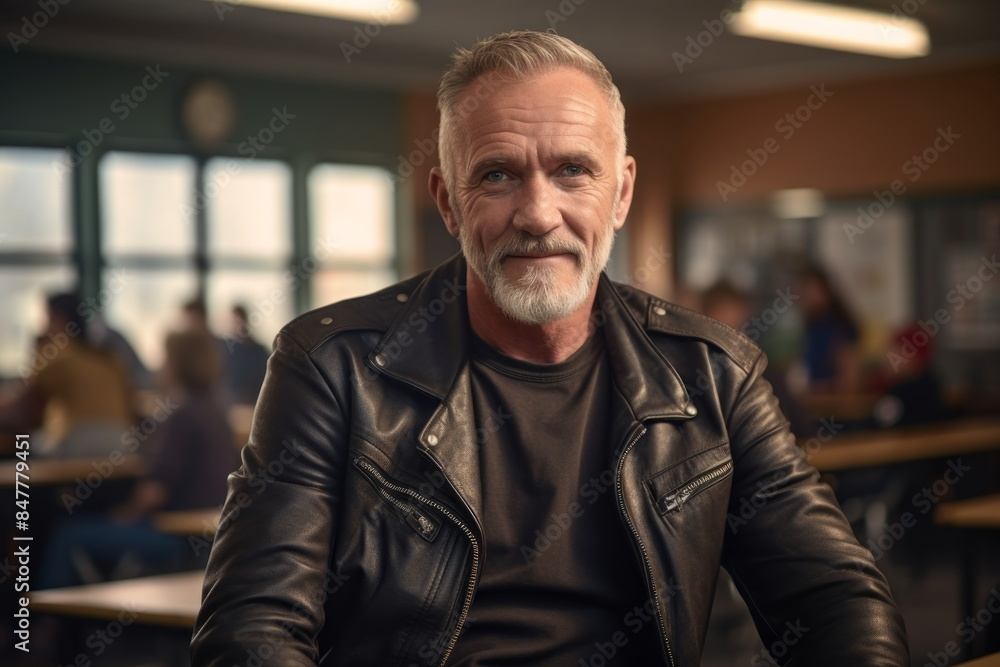 Obraz premium Portrait of a happy man in his 50s sporting a classic leather jacket while standing against lively classroom background