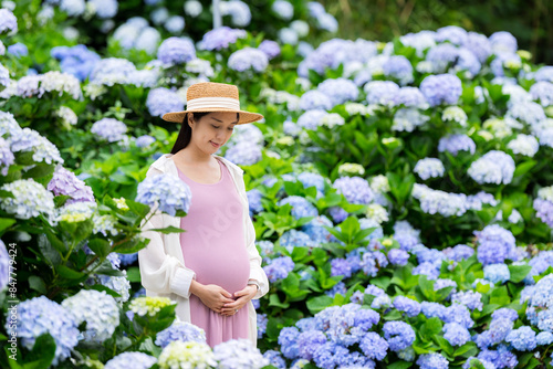 Beautiful Pregnant woman in the hydrangea flower garden
