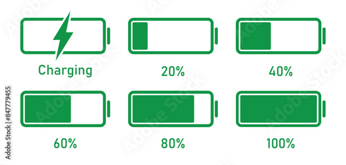 Mobile battery charging 20 to 100 percentage infographics full battery charge, energy level, progress, growth, power vector sign symbols. Battery charge level indicator in green color. Vector icon.