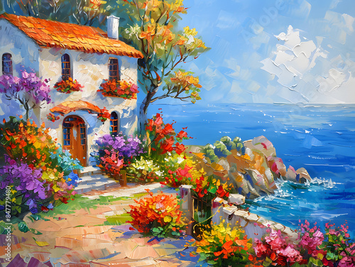 house near the sea, colorful flowers Oil color painting. Generative AI.