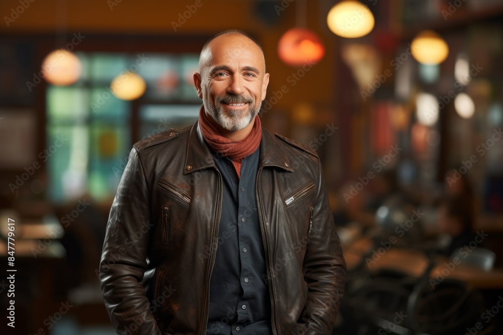 Portrait of a happy man in his 50s sporting a classic leather jacket in front of lively classroom background Portrait of a happy man in his 50s sporting a classic leather jacket in front of lively classroom background