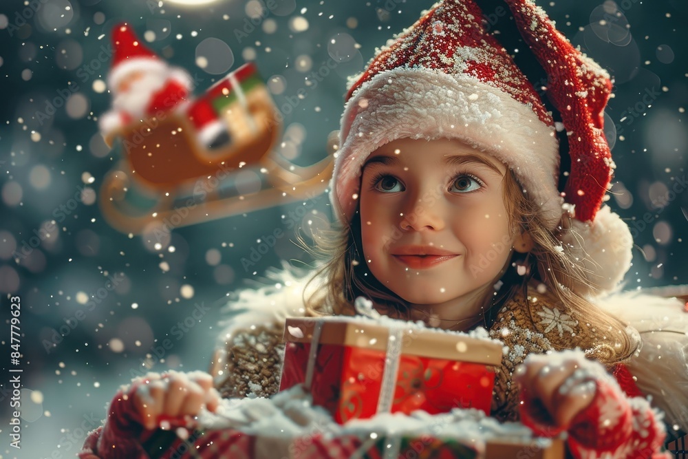 A young girl wearing a holiday hat smiling with gifts and snowflakes, with a bokeh light background A young girl wearing a holiday hat smiling with gifts and snowflakes, with a bokeh light background