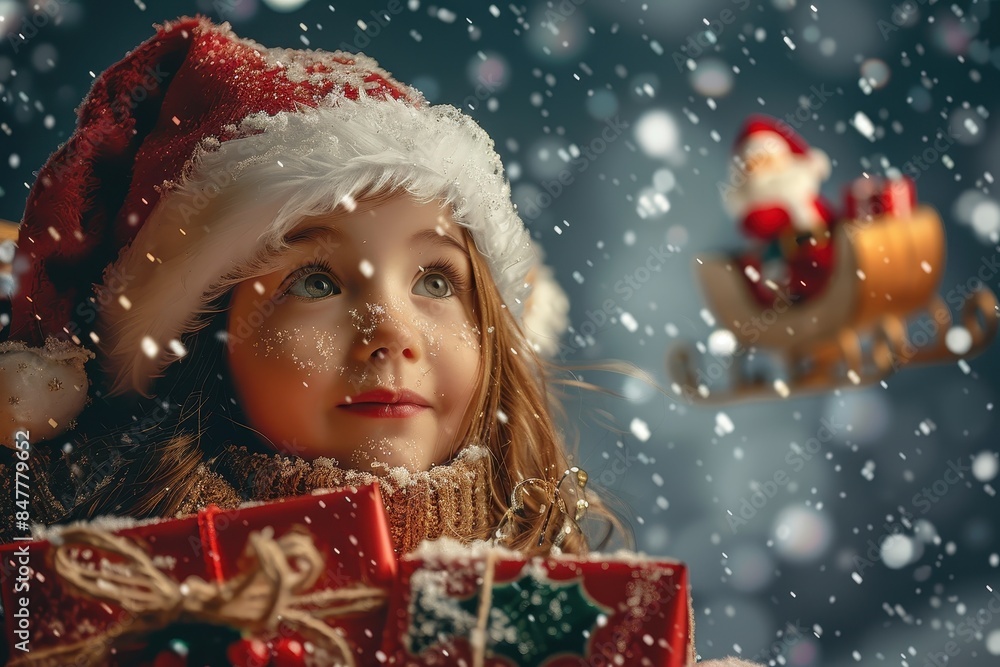 A young girl in a Christmas hat holding presents with a snowy and festive light background A young girl in a Christmas hat holding presents with a snowy and festive light background