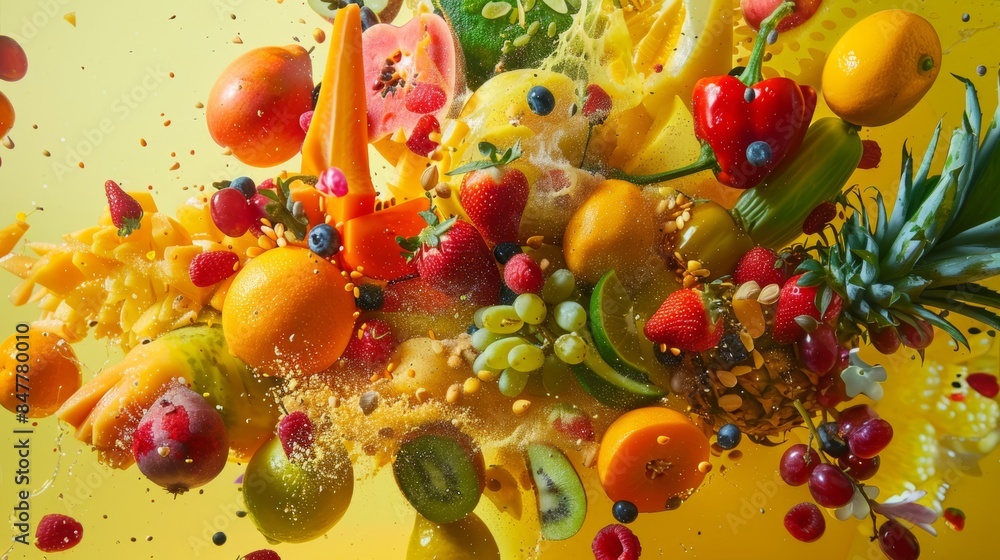 A colorful explosion of vibrant fruits and vegetables in a dynamic food bomb, showcasing freshness and flavor A colorful explosion of vibrant fruits and vegetables in a dynamic food bomb, showcasing freshness and flavor