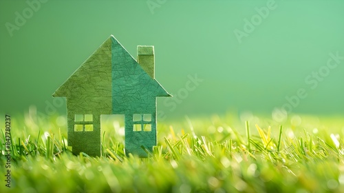 little paper house with space for text, green home and environmentally friendly construction, new home, property insurance, home loan finance, business, investment and real estate concept, copy space