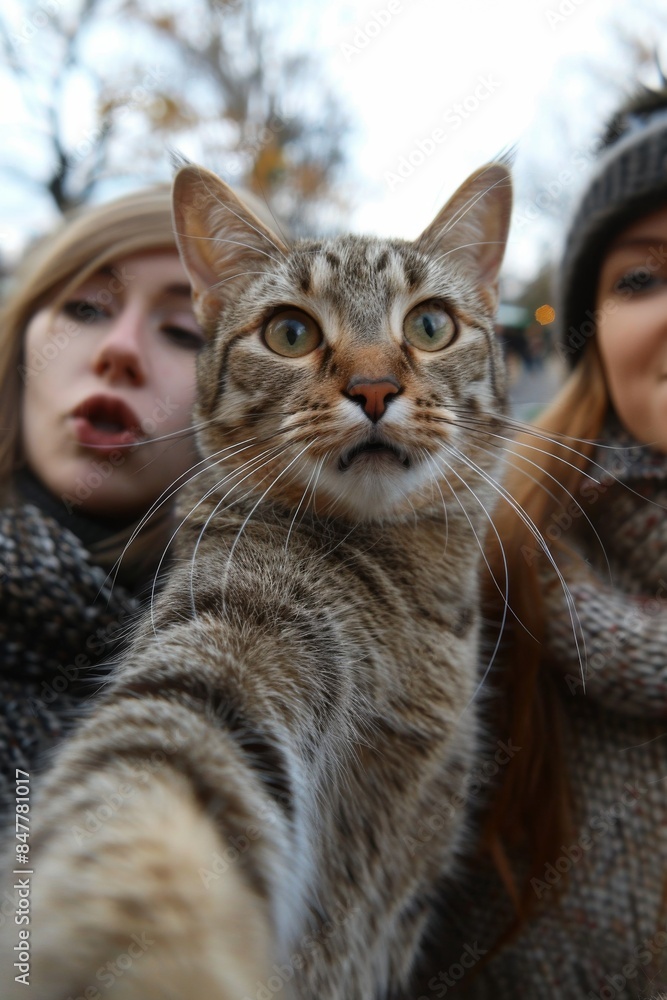 Cat Photobombing: A funny cat photobombing random strangers, its head popping into the frame unexpectedly. Cat Photobombing: A funny cat photobombing random strangers, its head popping into the frame unexpectedly.