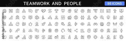 Business people and teamwork thin line icons set. Teamwork editable stroke icon collection. People, team, collaboration icons. Vector illustration