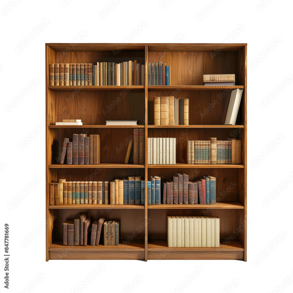 Wooden bookcase filled with a variety of books on multiple shelves, providing a cozy library or study setting Wooden bookcase filled with a variety of books on multiple shelves, providing a cozy library or study setting